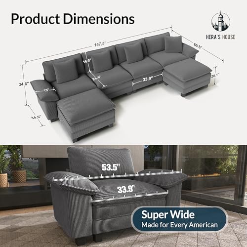 Image of HERA'S HOUSE 158 inch Oversized Modular Sectional U Shaped Sofa, Corduroy Grey | 6-Seater Living Room Couches, Wider Armrest and Deep Seat, Comfy Cloud Couch with Ottoman, Wood Sturdy Frame