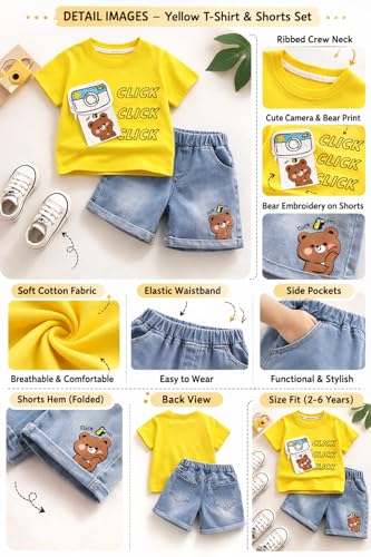Image of Bold N Elegant Baby Boy Girl Camera Click T-Shirt with Denim Shorts Cotton Co-Ord Set Summer Outfit for Infant Toddler Kids Upto 5 Years