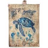 ICAAV Sea Turtle Map Flannel Blanket 50x60in, Blue Ocean Turtle and Jellyfish Over Vintage Nautical World Map, Soft Lightweight Throw for Marine Life Lovers, Coastal Decor, Travel Gifts Blankets