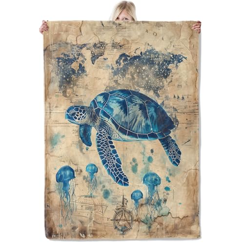 ICAAV Sea Turtle Map Flannel Blanket 50x60in, Blue Ocean Turtle and Jellyfish Over Vintage Nautical World Map, Soft Lightweight Throw for Marine Life Lovers, Coastal Decor, Travel Gifts Blankets