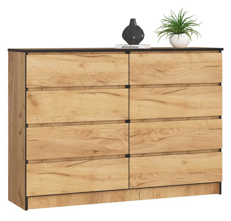 BDW - Comò con 8 cassetti, comò K140, credenza, mobili per soggiorno, camera da letto, corridoio, armadio da ufficio, materiale robusto e design moderno - 138x40x99 cm, Rovere Craft