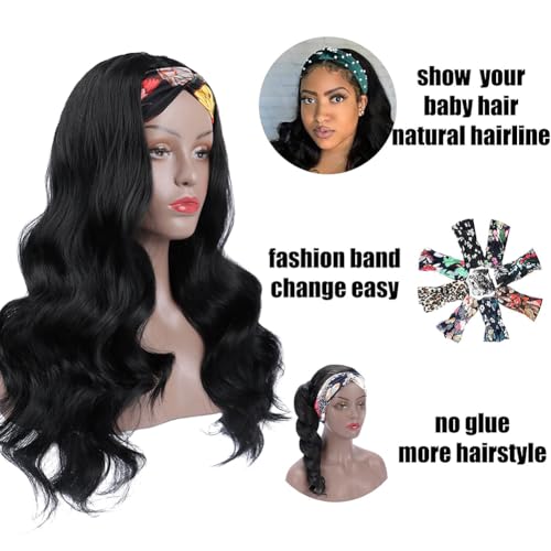 Colorful Queen Glueless Headband Wig Long Black Body Wave Headband Wigs for Black Women Synthetic Natural Looking Wavy Wig Heat Resistant 180% Density (26inch, 1B#) - Image 3