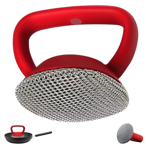 Image of Cast Iron Scrubber with Handle 316L Stainless Steel Chainmail Scrubber for Cast Iron Pan Skillet Cleaner,Skillets and Grills (Red)