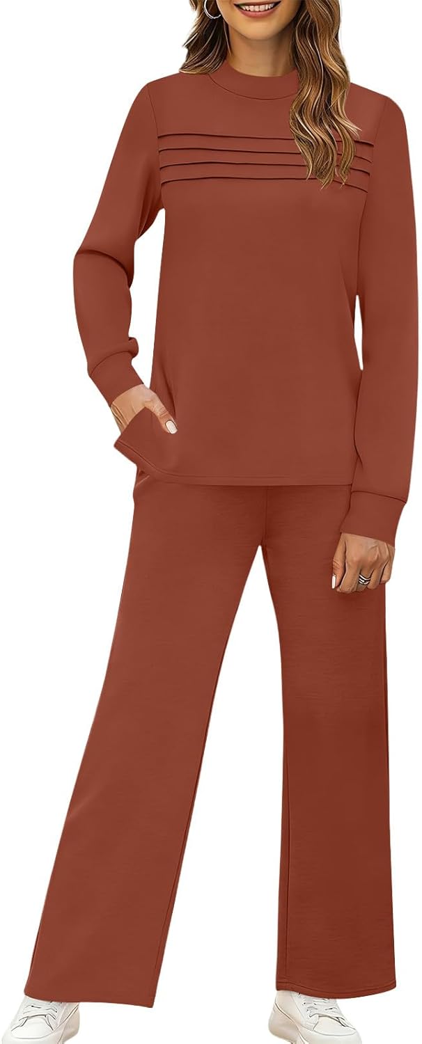 Womens Sweatsuits 2 Piece Sets Travel Outfits Spring Matching Lounge Set Long Sleeve Pleated Shirts Wide Leg Pants