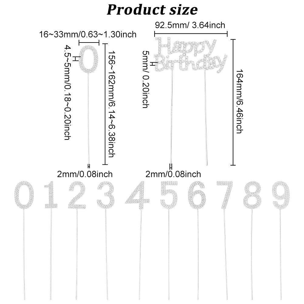 FINGERINSPIRE 11 Stück Happy Birthday Tortenaufleger Silber Metall Strass Kuchen Dekoration Nummer 0-9 Geburtstag Kuchen Topper Bling Cupcake Toppers für Party Hochzeit Jahrestag 156~164x16~92.5mm