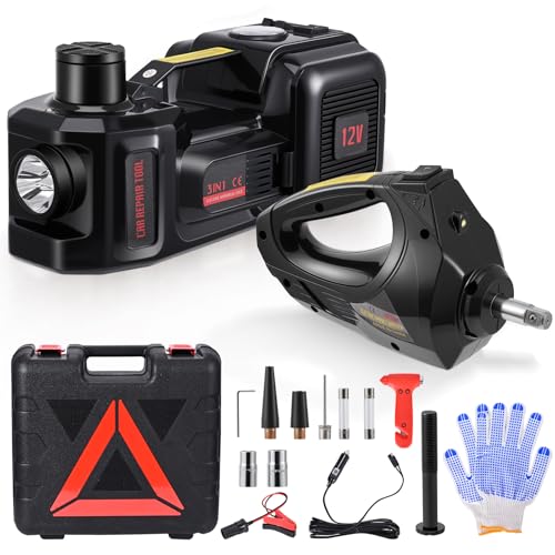 Jradse Gato Eléctrico Coche 5 Toneladas con Llave de Impacto & Compresor, Inflado Rápido, 12V, Maletín Portátil para Emergencias y Mantenimiento del Vehículo
