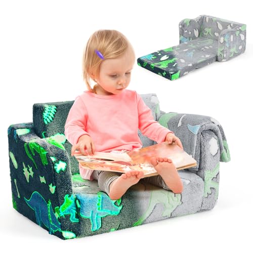 COSTWAY 2 en 1 Sillón Infantil con Manta, Sofá para Niño Pequeños Plegable, Sillón Brillante en la Oscuridad, Silla Cómoda Infantil, Regalo para Niños Mayores de 3 Años (Dinosaurio Gris)