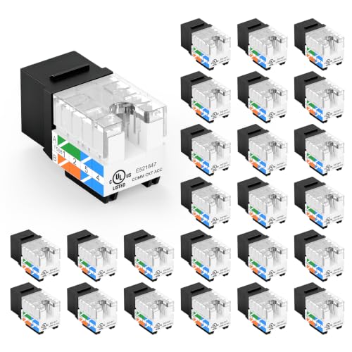 VCE UL Listed Cat6 Keystone Jacks 10Gbps 25-Pack, Black