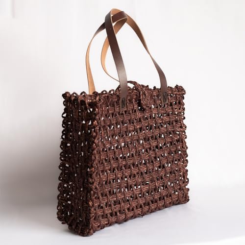Image of KADAM HAAT Lunch Bag | Handmade Sabai Grass Bag for Lunch and Bottle | Tiffin Box Bag for School or Office and Picnic with Leather Handle (Brown)