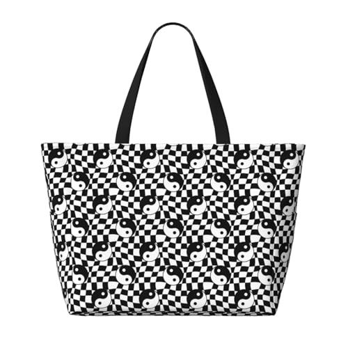 Ying Yang Checkered Print Beach Pool Bags Tote For Women Ladies Large Gym Tote Carry On Bag For Weekender Travel Waterproof2