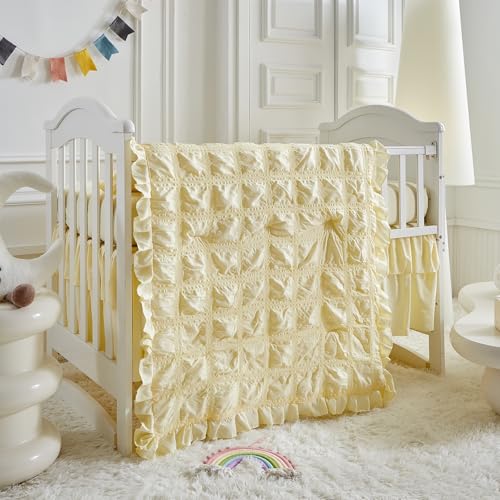 Image of Ruffled Crib Bedding Set Baby Boho Quilted Comforter with Fitted Sheet and Bed Skirt - Cute Soft Breathable Seersucker Ruffled Shabby Chic Bedding Soft Blanket Design - Yellow