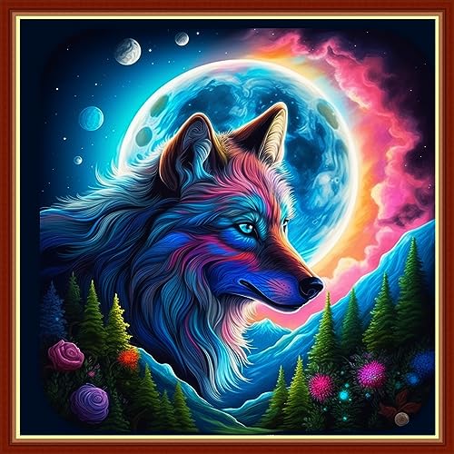 Image of Findvoor Stamped Cross Stitch Kits for Beginners Full Range of Cross Stitching Embroidery Pattern for Adults, 11CT DIY Needlepoint Embroidery Starter Kits-Moonlight Wolf 17.7x17.7 inch