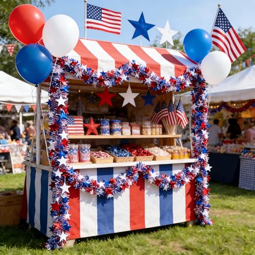 Image of 50Ft 4th of July Tinsel Garland Decorations, Glitter Red White Blue Star Metallic Patriotic Garland for Independence Day Memorial Day Car House Decor, Indoor Outdoor Party Supplies (50ft)