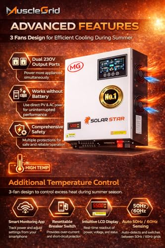 Image of MuscleGrid Solar Star 6.2kW Hybrid Solar Inverter, 48V DC, Pure Sine Wave, Smart Temperature Control, WiFi + Bluetooth Monitoring, Supports Lithium & Lead Acid Batteries