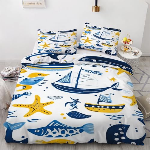 Parure de lit bleu avec housse de couette 160x200 microfibre douce motif marin - 2