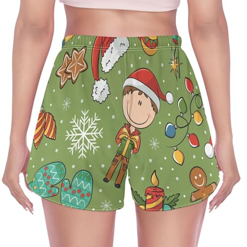Merry Christmas Cute Kids Green Red Athletic Workout Shorts feminino cintura alta respirável shorts