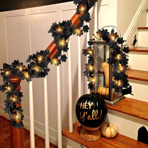 Image of 2 Pcs Black Leaf Garland with Yellow Lights, 11.8FT | Halloween Artificial Hanging Fall Leave Vines, 20 LED, Fall Floral Garlands, Thanksgiving Decor for Home Wedding Party