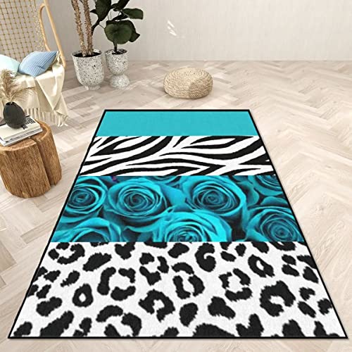 Modern Leopard Print Turquoise Rose Area Rug Teal Flower Hallway Runner Carpets Wild African Animal Pattern Non-Slip Floor Mat For Living Room Bedroom Dining Room Studio Women Room Decor #TOP2