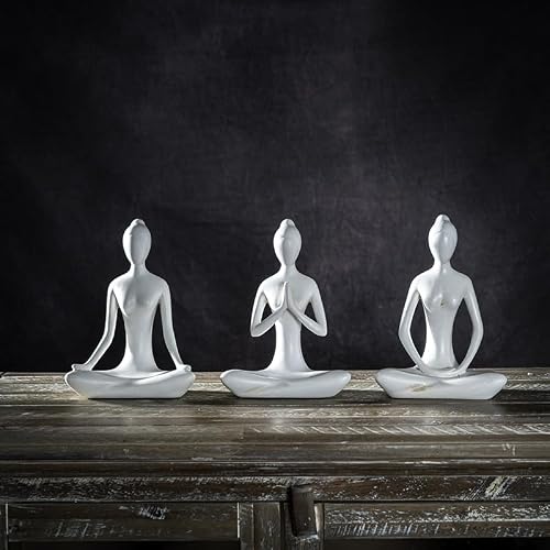 SUMMIT COLLECTION Gifts Decorative White Meditation Zen Yoga Pose Statue Resin Figurines Set of 3 for Bookshelf Home Office Table Countertop Modern Decor Gifts 6.8" Tall Each