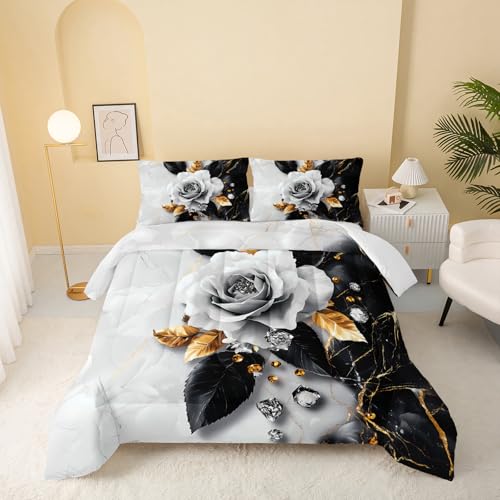 Image of QOOMO 3Pcs Flower Print Comforter Set Full Size,Cartoon Plants Bedding Set for Teens Boys Girls,Black White Comforter with 2 Pillowcases,Soft and Lightweight