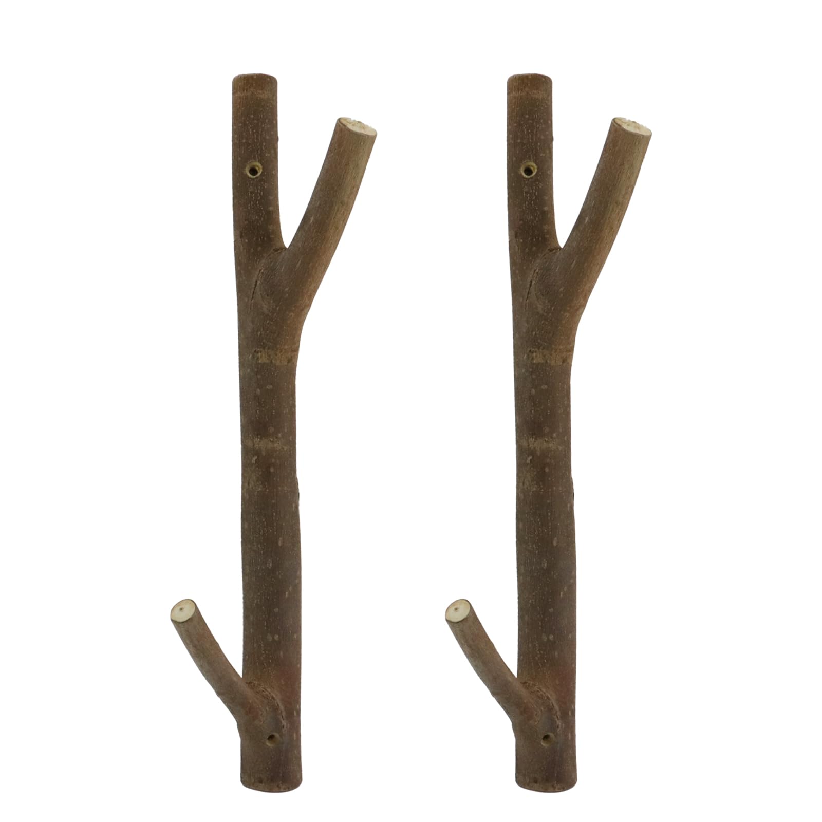 2 ganchos de pared dobles de madera real con ramas de árbol, rústico decorativo de madera con tronco de corteza de 2 cm a 3,5 cm de grosor con tornillo