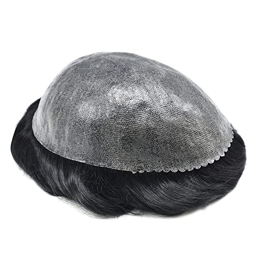 Mens Toupee Full Poly Indian Human Hair Replacement System 0.10Mm Injection Pu Natural Hairpiece For Men (Natural Black #1B) #TOP3