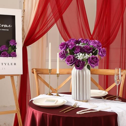 Image of Tifuly 12Pcs Roses Realistic Long Stem Fake Silk Artificial Flowers Purple