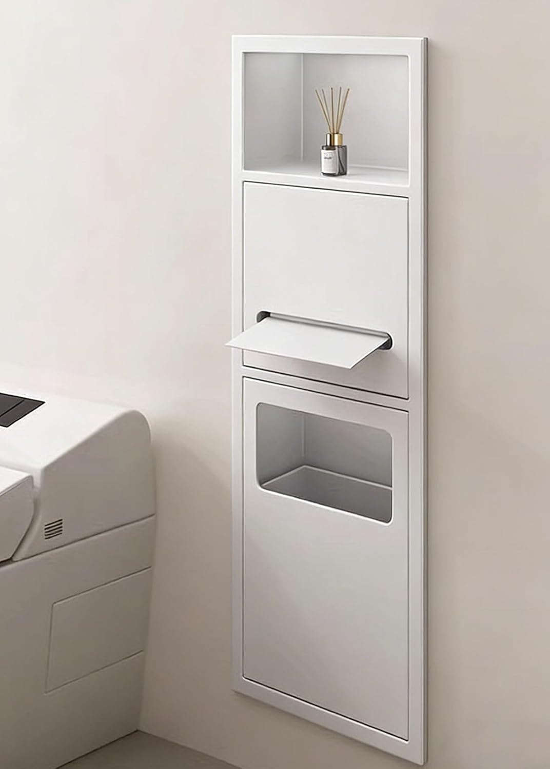 Waterproof Recessed Toilet Paper Holder Storage,Space-Saving and Convenient Rectangular Shelf，Stainless Steel Bathroom Trash Can Cabinet(Black)