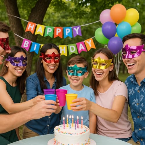 Image of AMFIN (Pack of 6 Metallic Eye Masks for Kids & Adults - Multicolor Masquerade Party Masks - Shiny Costume Masks for Birthday Parties, New Year Celebration, Baby Shower