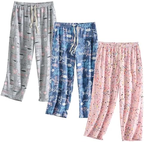 PNAEONG 3 Pack Women Pajama Pants Capri Length Drawstring Pj Bott...