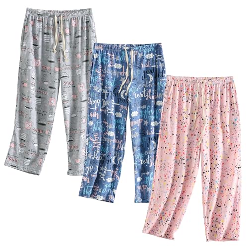 Image of PNAEONG 3 Pack Women Pajama Pants Capri Length Drawstring Pj Bottoms Sleep Lounge Pants with Pockets S-3XL