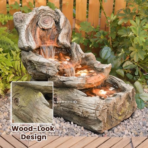 Image of Sunlinua 31.5 inch L Outdoor Water Fountain with 3 Tiers Cascading Realistic Tree Trunk Waterfall Fountains with LED Lights Outdoor Water Fountain for Garden Patio Backyard Porch Home Decor