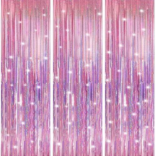 Crosize 3 Pack 3.3 x 9.9 ft Pink Foil Fringe Backdrop Curtain, Streamer Backdrop Curtains, Streamers Birthday Party Decorations, Tinsel Curtain for Parties, Galentines Decor, Preppy, Photo Booth