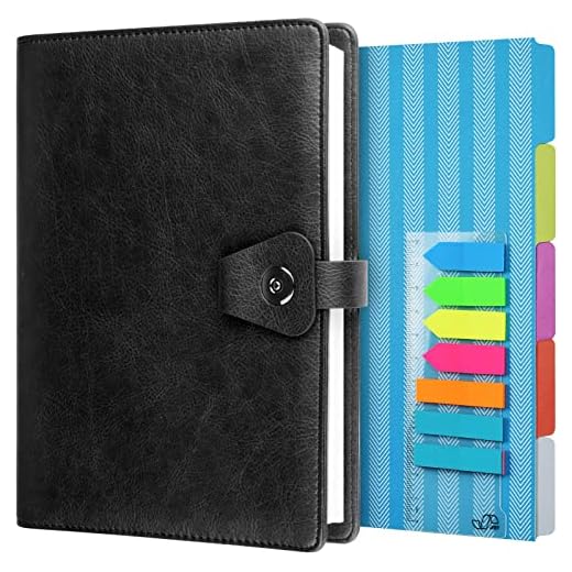 A5 Binder Journal, Refillable 6 Ring Organizer Planner Leather Business Writing Notebook, Ruled Hardcover Diary Notebook with Divider page and Index stickers-Black