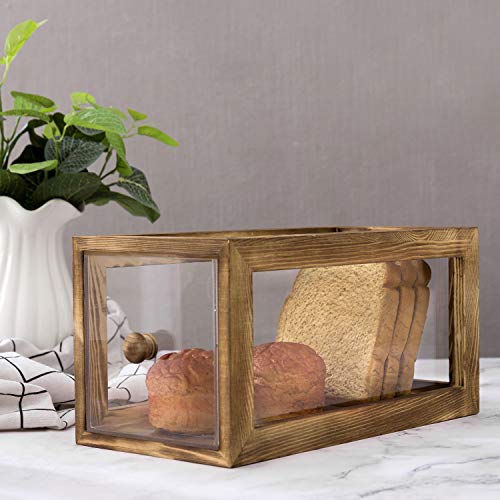Mygift 13-Inch Bread Box, Clear Acrylic Countertop Bakery Loaf Container, Drawer Style Keeper With Rustic Brown Burnt Wood Frame #TOP1