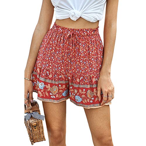 Abeaicoc Short de praia feminino de verão com cordão e estampa floral boêmio, Vermelho, Large