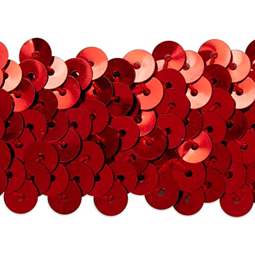 Trims By The Yard 3-Row Metallic Stretch Sequin Trim, 1 1/4-Inch Versatile Sequins for Crafts, Durable Sequin Trim for Costumes, Fashion, and Home Decor, 5-Yard Cut, Red