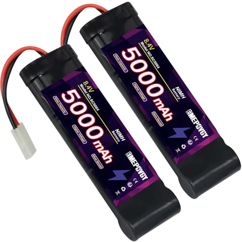 EMEPOVGY 8.4V RC NiMH Battery 5000mAh Capacity Rechargeable 7-Cell Flat Battery Pack with Tamiya Plug(2 Packs)
