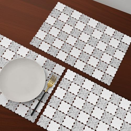 Image of Yellow Weaves 4 Pcs PVC Table Placemats, Dining Table Mat, Stain Resistant, Anti-Skid, Waterproof, Washable, Dining, Kitchen, Restaurant Table Set Easy to Clean, Durable (Floral Silver)