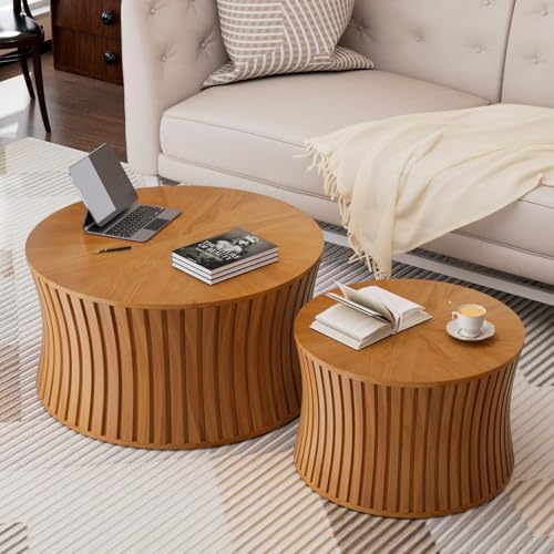 Nesting Coffee Table - Solid Wood Fluted Veneer Rustic Side Table...