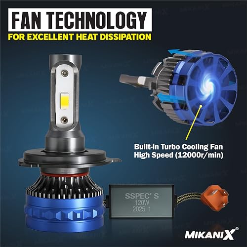 Image of MIKANIX 1 Year Warranty 120 WATT | Bike Headlight LED | High & Low Beam H4 (AC & DC) White LED Bulb Super High Brightness | with Cooling Fan | Universal for Bikes | Scooty | Motorbike
