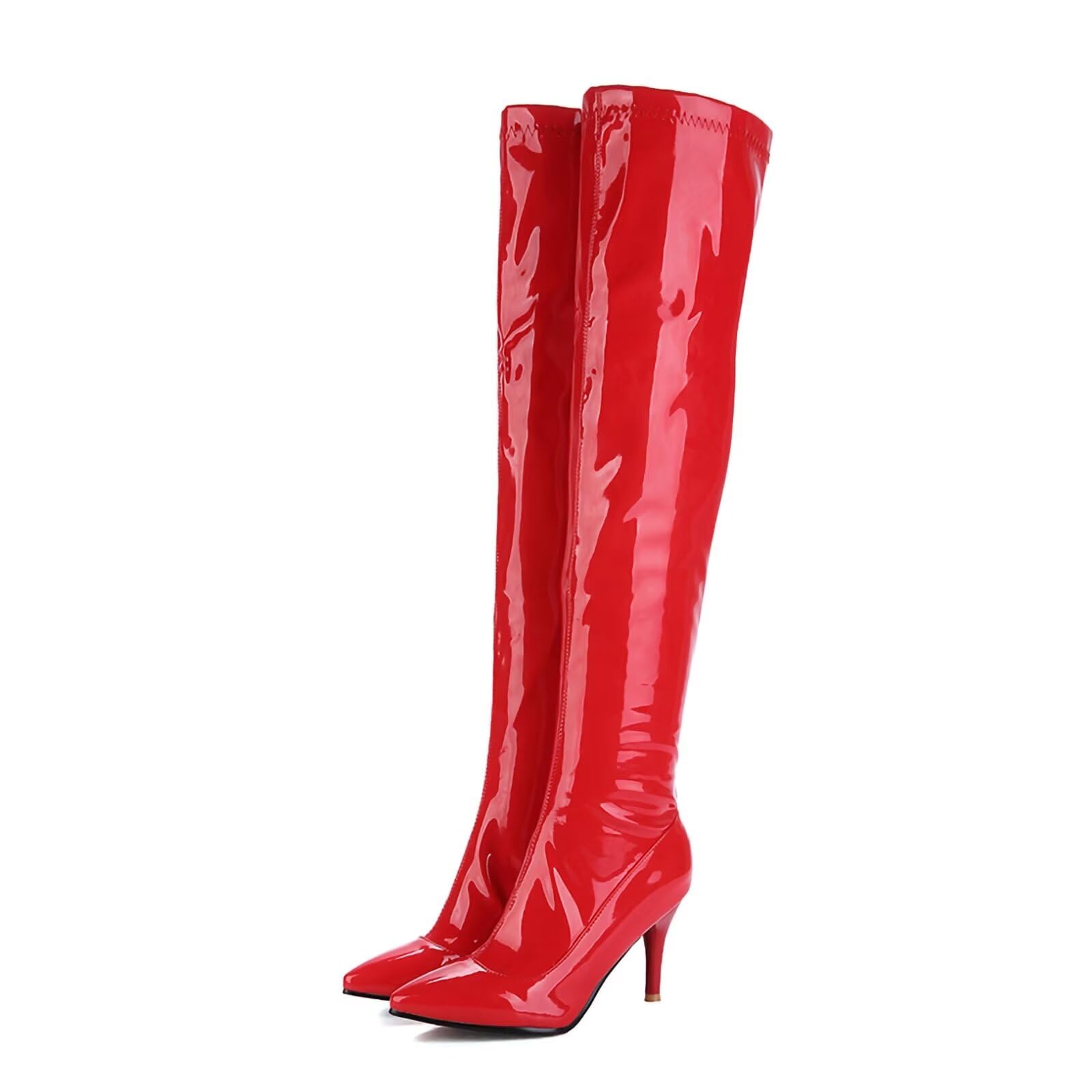 Damen Lack Overknee Stiefel mit Stiletto Absatz und Reißverschluss High Heels Lang Stiefel