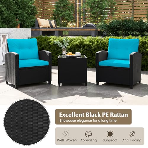 Image of Tangkula 3 Piece Patio Furniture, Rattan Conversation Set w /Soft Seat & Back Cushions, Tempered Glass Topped Coffee Table, Cushioned Wicker Seating Set for Backyard, Porch, Poolside
