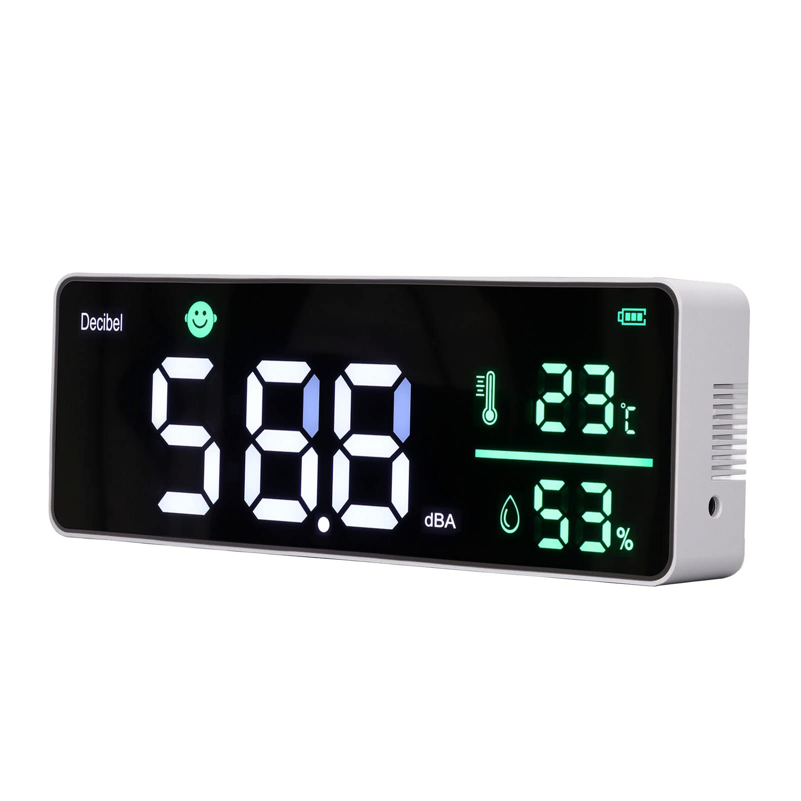 Medidor de Decibelios, Medidor de Nivel de Sonido para Colgar en la Pared, Pantalla LED Grande de 11 Pulgadas, Medidor de Humedad y Temperatura de Ruido con Indicador de Iconos de