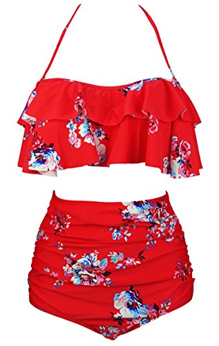 COCOSHIP Red & White & Jade Pink Garden Floral Retro Boho Flounce Falbala