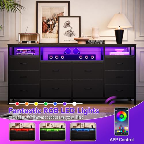 63.3 Inch Black Dresser for Bedroom, 10 Drawer Dresser TV Stand for 65 70 75 Inch TV, Fabric Chest of Drawers with LED Lights & Power Outlets, Long Entertainment Center for Closet, Living Room, Entryw