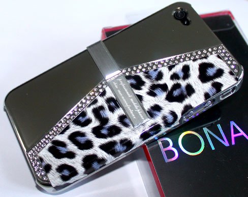 BONAMART Luxury Bling Rhinestone Leopard Wallet Design Hard Back Case Cover iPhone 4 4S 4G Gray with BONA Retail Packing BONAMART Luxury Bling Rhinestone Leopard Wallet Design Hard Back Case Cover iPhone 4 4S 4G Gray with BONA Retail Packing