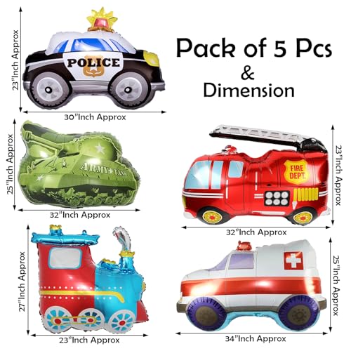 Image of Rozi Decoration Vehicle Theme Foil Balloon Set for Birthday Decoration, Kids Party, Theme Party Decor, Police Car, Fire Truck, Ambulance, Train and Army Tank Foil Balloons (Pack of 5)