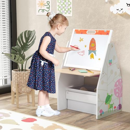 GOPLUS 4 en 1 Caballete y Estación de Juegos para Niños con Silla, Juego de Mesa y Silla para Niños con Pizarra Magnética y Pizarra Blanca Giratoria de Doble Cara, 50 x 50 x 85 cm (Blanco) - imagen 9