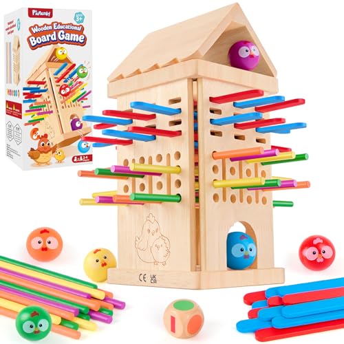 Montessori Spielzeug ab 3 4 5 6 Jahren - Brettspiele aus Holz, Kinder Lernspielzeug mit Bunten Stäbchen & Ball, Würfel Brettspiel für Motorik & Konzentration Geschenk für Mädchen Jungen